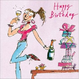 Woodmansterne Birthday Card - Quentin Blake - Lady Celebrating with Champagne (4149)