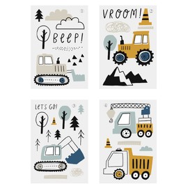 Mulaibdin 37 pcs Cartoon Bulldozer Digger Wall Stickers, Adorable Baby Boys Room Decor, Hand-painted Style Crane Truck Wall Decals for Bedroom Nursery, Construction Wall Murals Peel and Stick (37PCS)