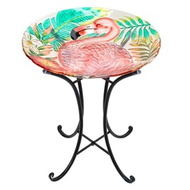 VCUTEKA 18" Outdoor Glass Birdbath with Sturdy Metal Stand for Lawn, Yard, or Garden Decor Bird Lovers Gift, Flamingo Bird Bath Detachable, 22" Height