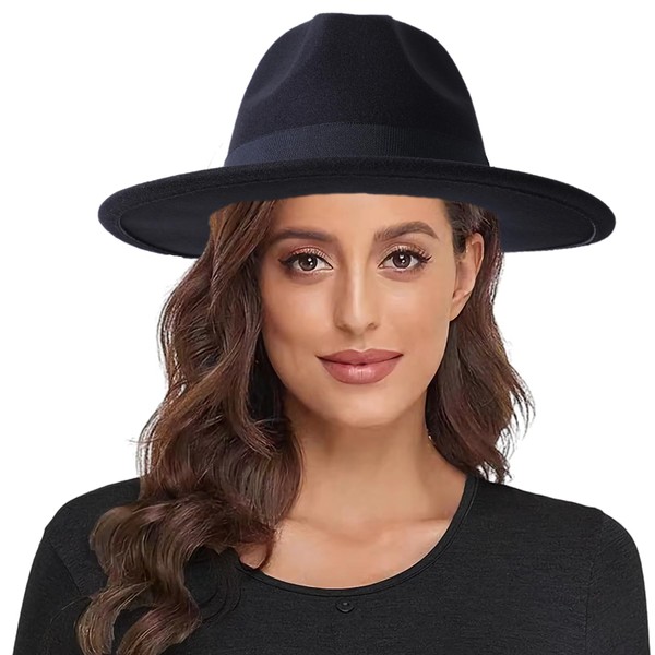 Lanzom Women Wide Brim Warm Wool Fedora Hat Retro Style Belt Panama Hat (Black, One Size)