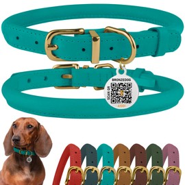 BRONZEDOG Rolled Leather Dog Collar with QR ID Tag Adjustable Soft Round Collars for Small Medium Large Dogs Puppy Cat (Turquoise, 18-25 cm)