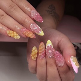 24 Pcs Press on Nails Short Almond,YEFIUO Spring French Nail Tips Acrylic Nail Kit 3D Orange Strawberry Texture Nail Art Fake Nails Press ons French Tip Glue on Nails Full Cover False Nails for Women