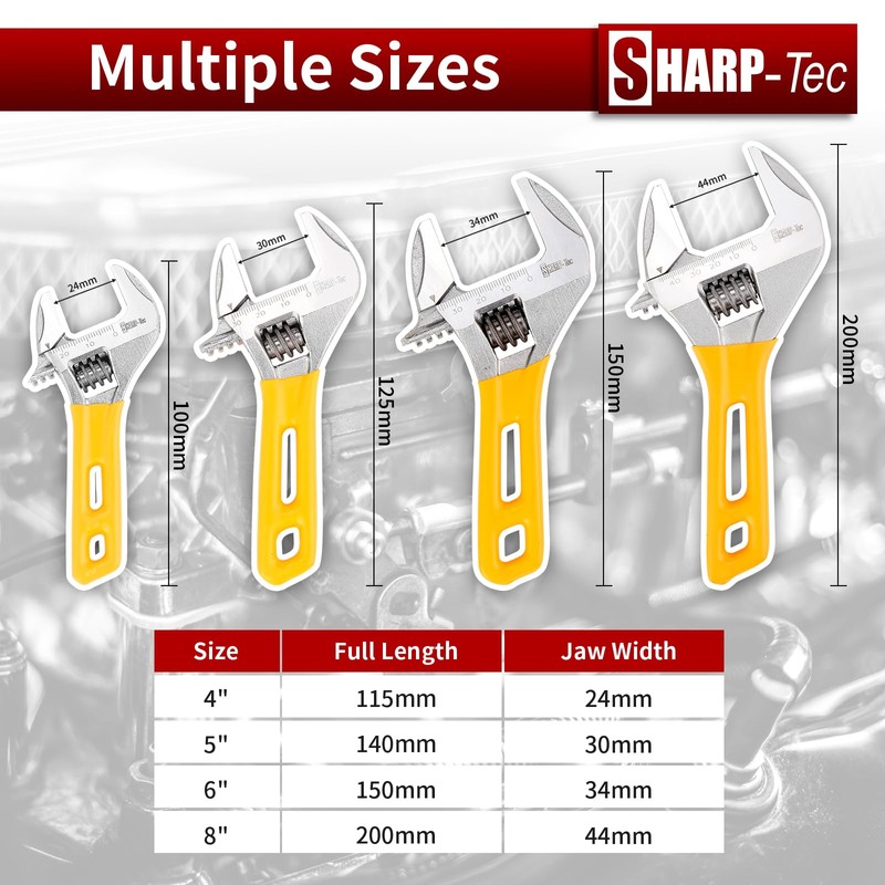 Sharp-tec Adjustable Spanner Set, Wide Jaw Opening Adjustable Wrench, Heavy-Duty