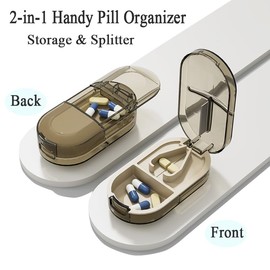 Wopanxye Travel Pill Organizer, Pill Splitter Box, 2-in-1 Small Portable Tablet Cutter Pill Case for Cut Pills, Medication, Vitamin, Fish Oil, Supplement, Capsule Sorter, Transparent Brown Container