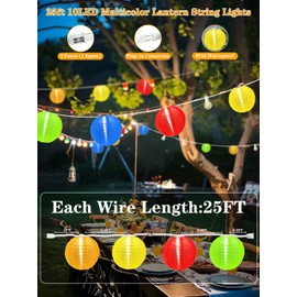 Pallerina Multicolor Lantern String Lights,25ft 10pcs Chinese Lanterns with G40 LED Light Bulb,Plug-in Nylon Hanging Lanterns Lights for Outdoor,Patio, Backyard, Summer Party,Garden,Festival