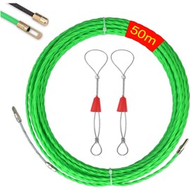 EIKEJI Cable Pulling Aid 50 m, Retractable Spiral Pull Wire with 2 Guide Springs, Retracting Band φ4.5 mm Cable Retraction Aid in Ideal Retraction Tape for Cable Laying Empty Pipes, Green