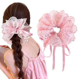 Pink Double Layered Lace Scrunchies for Women Sweet Ribbon Drawstring Bow Hair Ties No Damage Large Scrunchie Hairties for Curly Thin Thick Hair Accessories Womens Hairtie for Styling Big Scrunchies