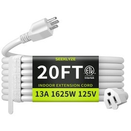 16/3 White Extension Cord 20 FT, Indoor Extension Cord for Laptops, Coffee Makers, Office Home Appliances, 3 Prong Resistant Cable Flexible, 13A 125V 1625W ETL Listed