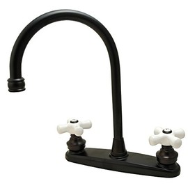 8" Kitchen Deck Faucet, 2-handle, Washerless Cartridge - By PlumbUSA (Oil Rubbed Bronze Porcelain Handles (With Sprayer))