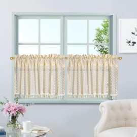 Beydodo Short Window Curtains, Semi-Transparent, Kitchen Curtains, Country House Style with Pattern, Geometry, 100 x 60 cm, Boho Window Curtains, Bistro Curtains, Short, Set of 2