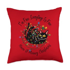 Christmas Lights I'm Fine Everything Is Fine Gifts Everything Is Fine Christmas Lights Funny Cat Xmas Throw Pillow, 18x18, Multicolor