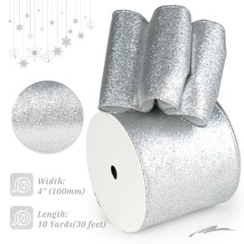 DINDOSAL Silver Glitter Wired Ribbon 4" x 10 Yards Sparkling Silver Christmas Tree Ribbon for Bows Making, Wreaths and Garlands, Home Decor, Gift Wrapping, Swag, Front Porch, Mailbox