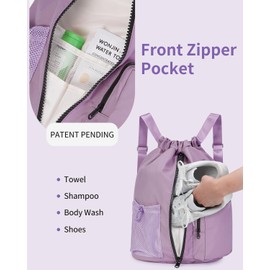 WANDF Drawstring Gym Bag Sports Backpack with Shoes Compartment Water-resistant Swimming Bag for Men Women Ideal for PE School Travel Beach (Lilac Purple)