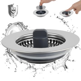 iFealClear 3-in-1 Kitchen Drain Stopper & Plug Strainer – Thickened ABS Shell with Stainless Steel Filter Basket, Anti-Clogging & Odor-Blocking, Fits 72-86mm Sink Holes, Depth > 22mm
