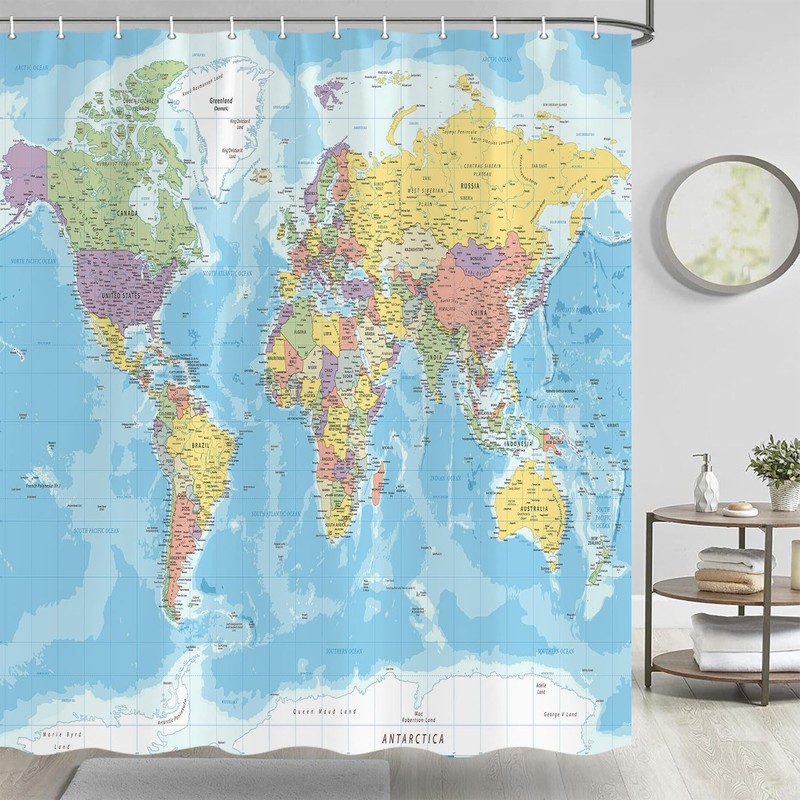 TOMOZ Map Shower Curtain, World Map Shower Curtain Fabric, Geography