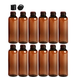 Premium Essential Oil 2 Ounce Cosmo Round Bottles, PET Plastic Empty Fillable BPA-Free, with Black Press Down Disc Caps (Pack of 12) (Amber)