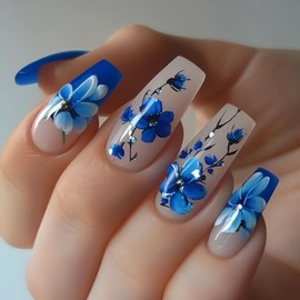 Flower Press on Nails Long Coffin Fake Nails Gradient French Glue on Nails Glossy Blue White False Nails Summer Acrylic Nails Floral Designs Medium Length Artificial Nails Press on for Women