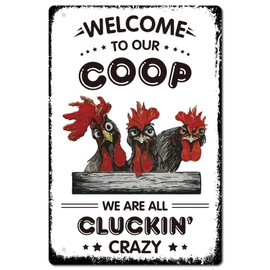 CREATCABIN Chicken Metal Tin Sign Welcome to Our Coop Funny Plate Plaques with Quotes Rooster Vintage Wall Hanging Art Decor for Farm Yard Farmhouse Home Living Room 12 x 8inch