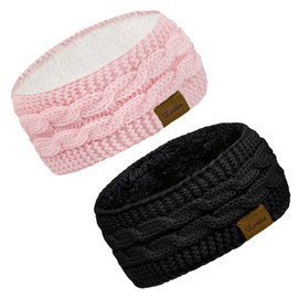Loritta 2 Pack Headbands for Women Winter Warm Cable Knit Ear Warmer Thick Head Wrap Fuzzy Fleece Lined Gifts,Black+Pink