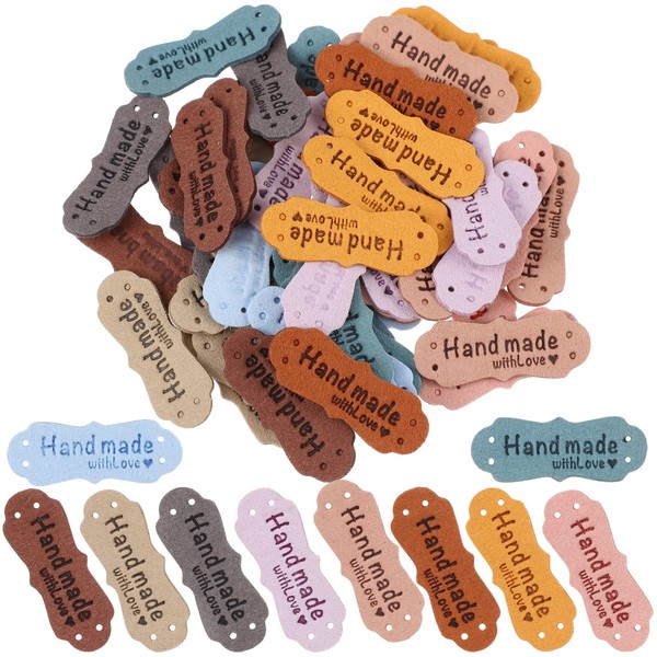 Didiseaon 50Pcs Handmade Leather Labels for Craft, Multi-Color PU Leather Tags with Love Hearts for Handmade Items Sewing Embossed Tags with Holes DIY Knitting Accessories Sew on