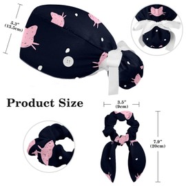 Pink Cats Scrub Cap, Adjustable Working Cap with Button, Bouffant Caps with Bow Hair Scrunchy