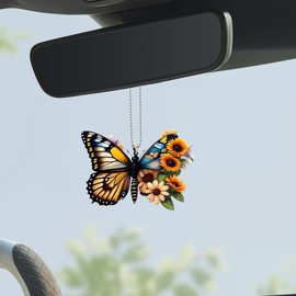 Butterfly Car Rearview Mirror Accessories, Cute Acrylic Hanging Car Rearview Mirror Charm, Sunflower Car Ornament Pendant for Home Decoration Keepsake Christmas Valentine's Day Gift (Yellow&Black)