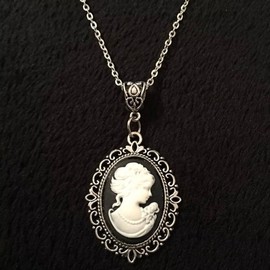 JEVLUH Lady Cameo Enamel Pendant with Silver Plated Chain,Oval Lady Maiden Cameo Necklace,Gothic Jewelry for Women