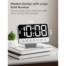 Digital Alarm Clocks for Bedrooms: Large Bold Number 5 Brightness Dimmer - Easy to Read Across The Room - 5 Alarm Sound 8 Night Light - Silver