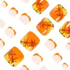French Press on Toenails Short Square Summer Fake Toenails Orange French Tip Toenail Press ons Cute Coconut Tree Toe Press on Nails Seamless Fit Toe Nails Glue on False Toe Nails for Women 24Pcs