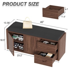 LVB Storage Bench, 40” Entryway Bench with Padded Seat Cushion, Wood Hidden Shoe Organizer Bench with 2 Drawers Cabinet, Industrial Shoe Bench for Foyer Entrance Living Bedroom, Walnut Oak, 40inch