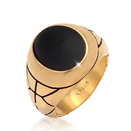 Kuzzoi 0607822220 Men's Signet Ring Oval Black Enamel Ring Solid (13 mm) in Gold-Plated 925 Sterling Silver Ring Golden Black Oxidised Ring for Men in Ring Size 54 - 66, Sterling Silver