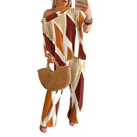 CHICME Womens 2 Piece Outfits Off The Shoulder Printed Batwing Long Sleeve Tops and Wide Leg Pants Matching Sets Brown-L