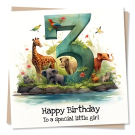 3rd Birthday Card For Girl - Jungle Animals Illustration - Happy Birthday To A Special Little Girl - Made in UK