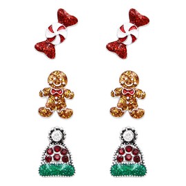 Rosemarie & Jubalee Women's Wintertime Set of 3 Decorative Glitter Enamel And Crystal Rhinestone Christmas Holiday Stud Earrings Candy, Gingerbread Man, Winter Toboggan Hats)