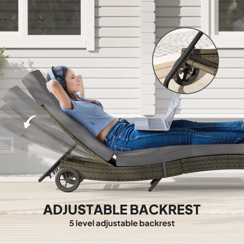 Patio Outdoor PE Rattan Sun Lounger Adjustable Backrest Wicker Chaise