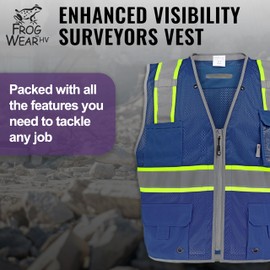 Global Glove FrogWear Enhanced Visibility Surveyors Safety Vest, Lightweight and Breathable Zipper Closure, 6 Pockets, Blue, Small
