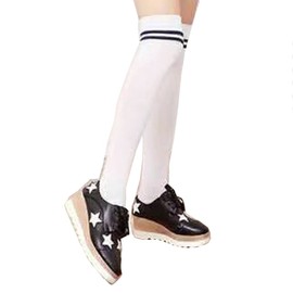 Triple M Plus Junior's White With 2 Nevy Line Cotton Knee/Thigh High Socks/leg-warmers