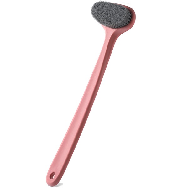 Upgraded Bath Body Brush with Comfy Bristles Long Handle Gentle Exfoliation Improve Skin's Health and Beauty Bath Shower Wet or Dry Brushing Body Brush (14 inch, Light Coral)
