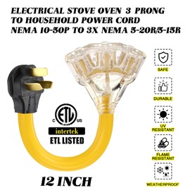Tellegloww 3 Prong 220 to 110 Adapter Plug Compatible with Nema 10-50p to 3X 5-20r/15r 220/250v Electrical Stove/Range Tri-outlets Converter Gas 110/125v Convert Adapter, STW 10 Awg, 1ft, Etl Listed