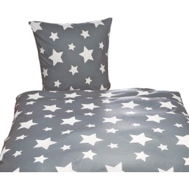 YOUNG DA Fleece Bed Linen Stars White Grey Microfibre Taupe Fleece Thermal Fleece 2-Piece Set Duvet Cover 135 x 200 cm Pillowcase 80 x 80 cm