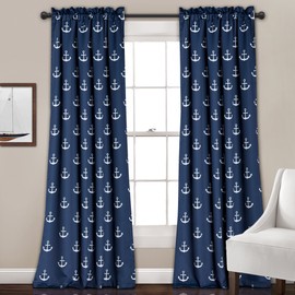 Lush Decor Darkening Window Curtain Set, Navy Anchor Print, 84" x 52"
