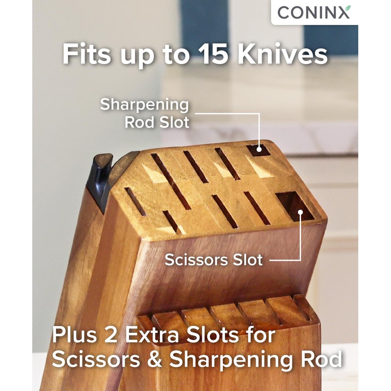 Coninx Universal Knife Block with Built-In Sharpener – 15-Slot Acacia