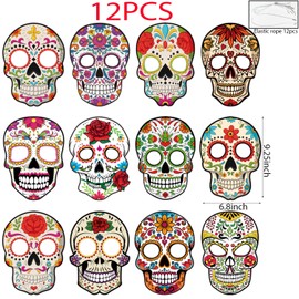 Day of The Dead Face Masks Photo Booth Props Party Supplies - Funny Mexican Dia de Los Muertos Party Favors Decorations - Sugar Skull Face Mask Party Decors - Set of 12 Counts