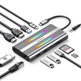 ORICO 12-in-1 USB C Docking Station, Triple Display 2 x 4K HDMI 4K DisplayPort, 100W PD, 5 Gbps USB 3.0, RGB Modes Hub with USB 3.0 x 3 & USB 2.0 x 2, Ethernet, SD/TF, Audio, Dock for Windows