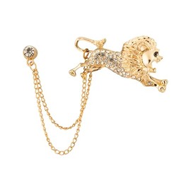 Knighthood Gold Lion Brooch with Crystal Studs Detailing & Hanging Chains Lapel Pin for Men – Bold Accessory for Suits and Jackets