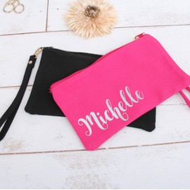 Cotton Canvas Small Wristlet Bag Make-up Organizer Makeup Bag - 100% Cotton Heavy Duty Canvas 5"x9" - Pink