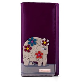 kukubird Elephant Large Wallet PU Leather Bifold Card Holder with Zipper Coin Pocket Purse-Purple