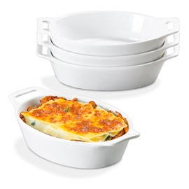ONEMORE Oval Au Gratin Baking Dish, 20 oz Small Casserole Dishes with Handles 6x8" Ceramic Baking Pan for 1-2 People, Oven Safe for Lasagna, Pies, Individual Servings & Side Dishes, Set of 4, White