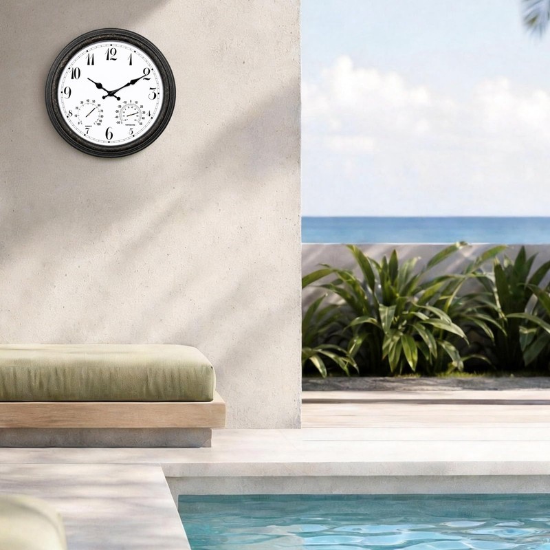 YTAONS Outdoor Waterproof Wall Clock with Thermometer and Hygrometer Combo,