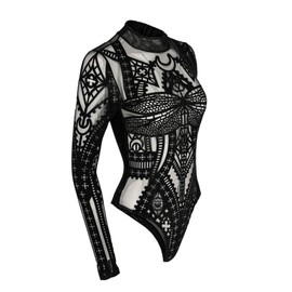 Restyle Clothing Cathedral Dragonfly Womens Body Gothic Occult Witchy Black Long Sleeve Top, Velvet Mesh Bodysuit